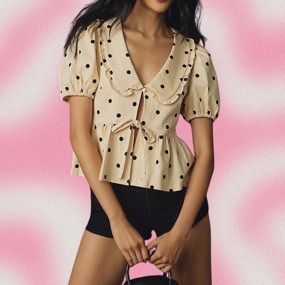 NWT Anthropologie Porridge Polka Dot Tie Front Peplum Top – XS - Picture 1 of 5